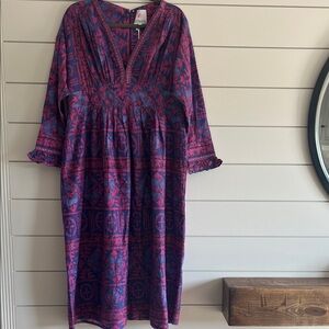 Bella Tu Vibrant Long Sleeve Embroidered Dress in Pink and Blue